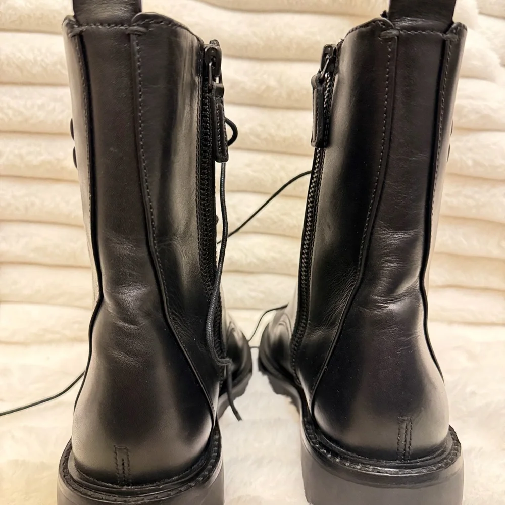 Tory Burch Black Leather Lace-Up Combat Boots with Logo